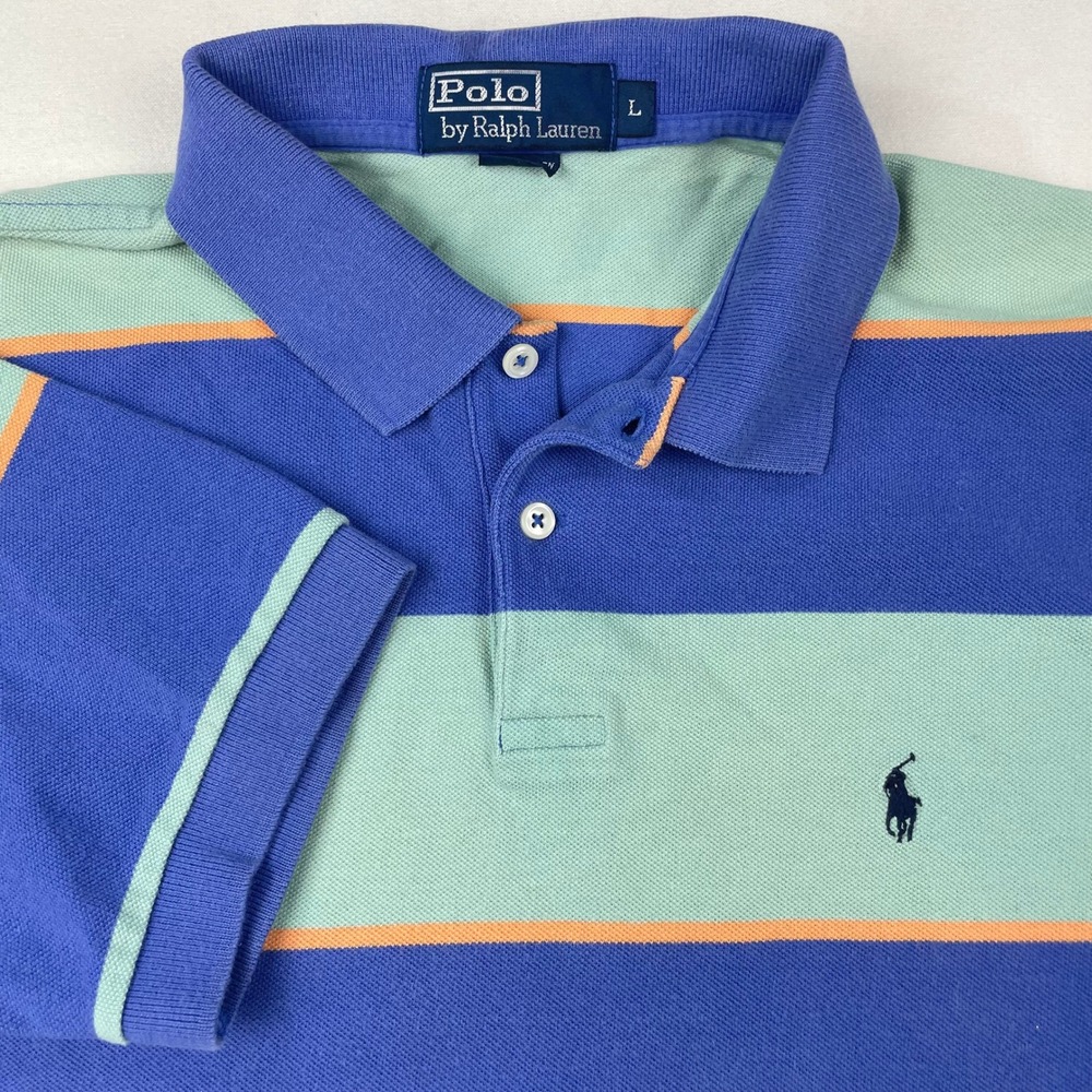 Polo Ralph Lauren Mens Large Blue Green Striped Short Sleeve Pique Polo Shirt